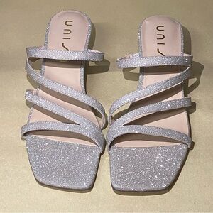 NEW Unisa Kerilyn Silver Glitter Low Block Heel Sandals